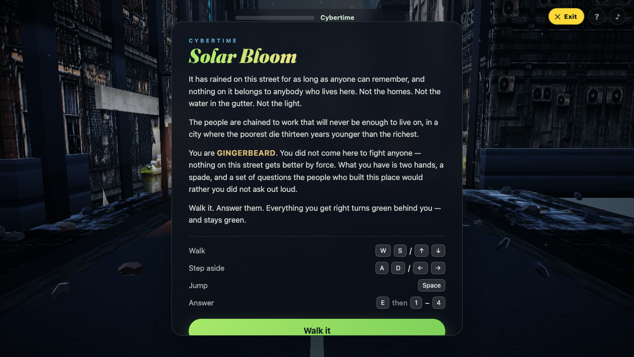 The minigame's opening screen — a rainy Cybertime alley, the Solar Bloom story card and its Walk it button