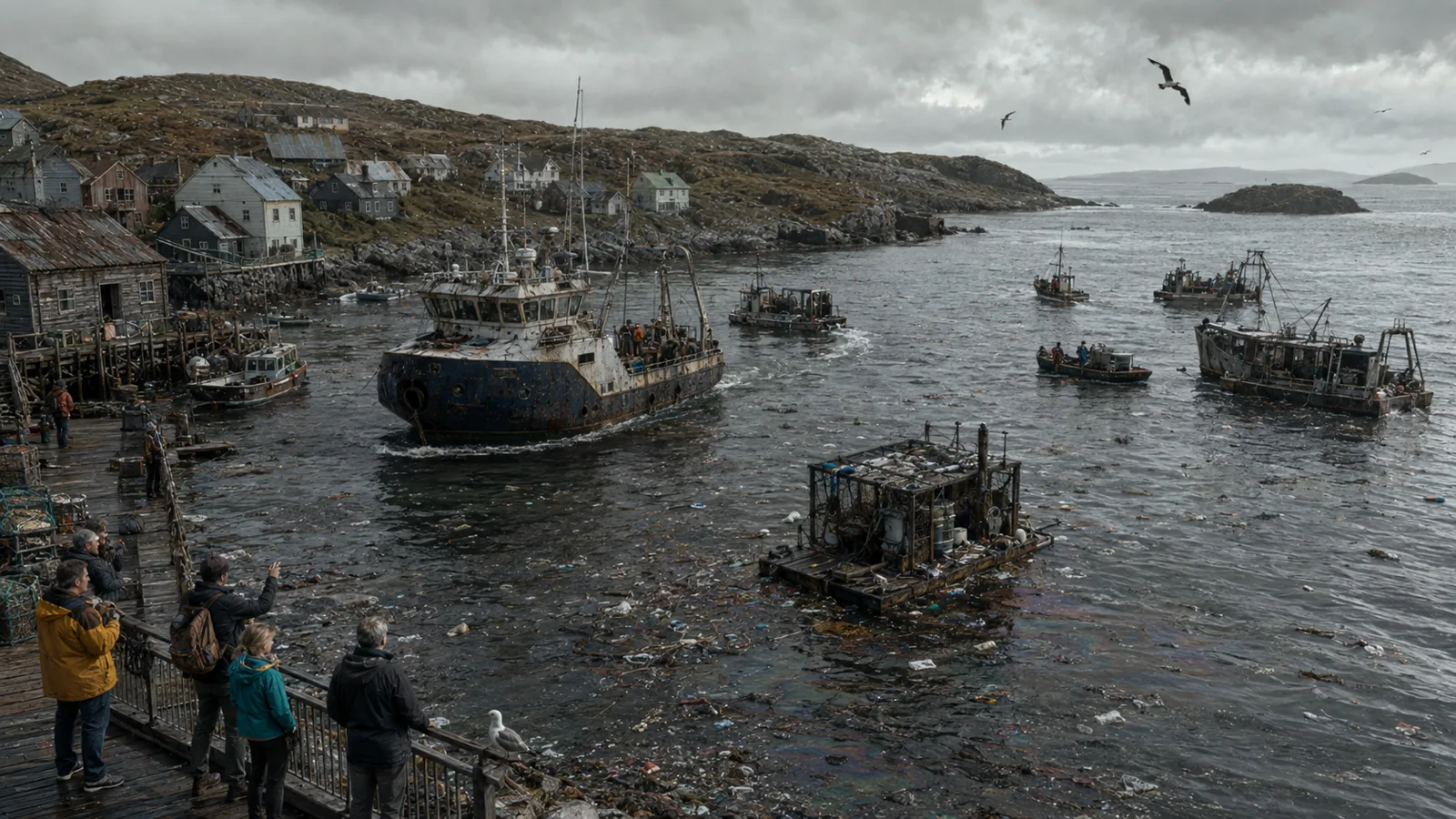 Fictional Cybertime island harbour polluted by industrial waste