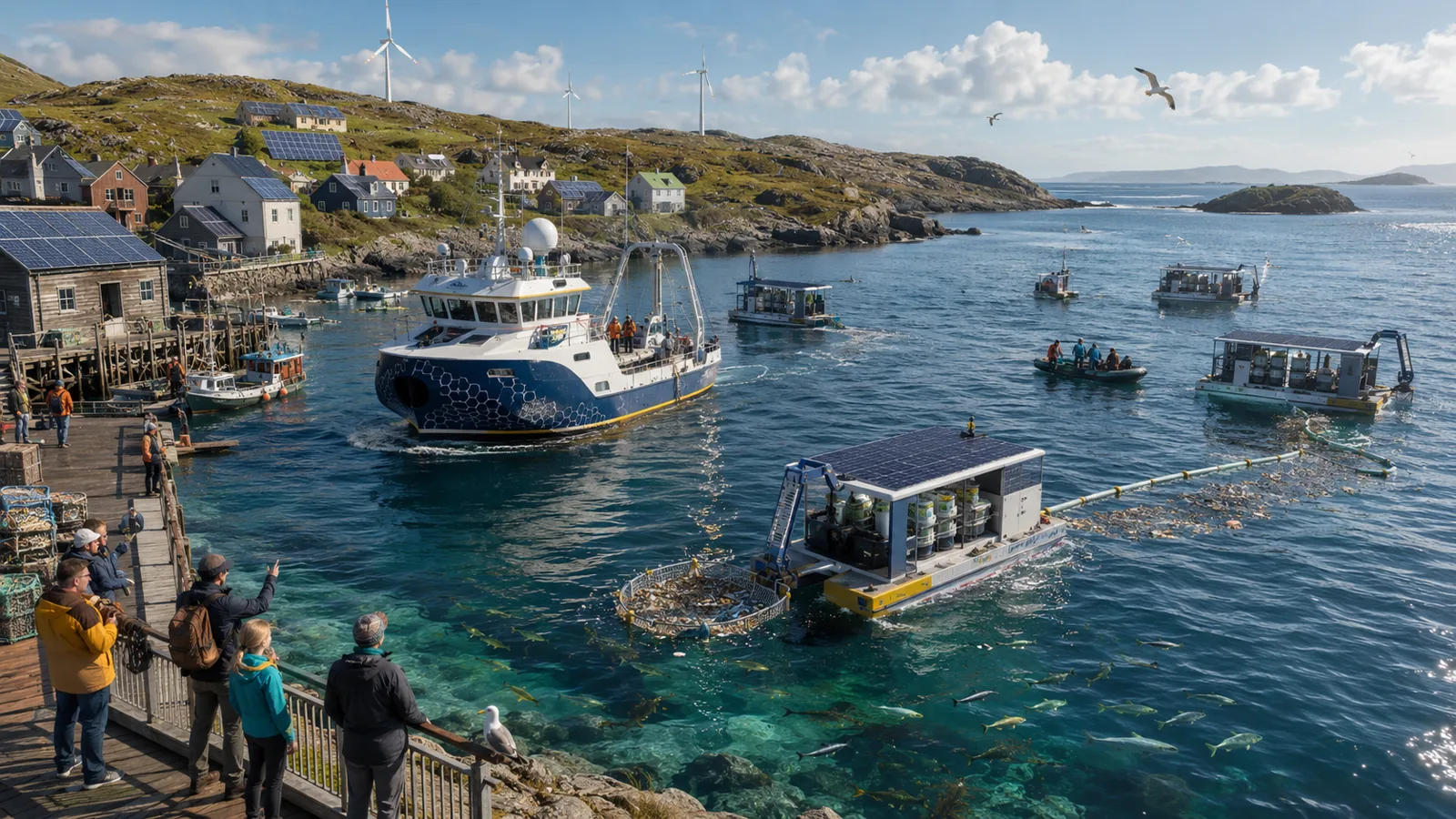 Fictional Solartime island harbour, with community vessels, clean water and renewable energy