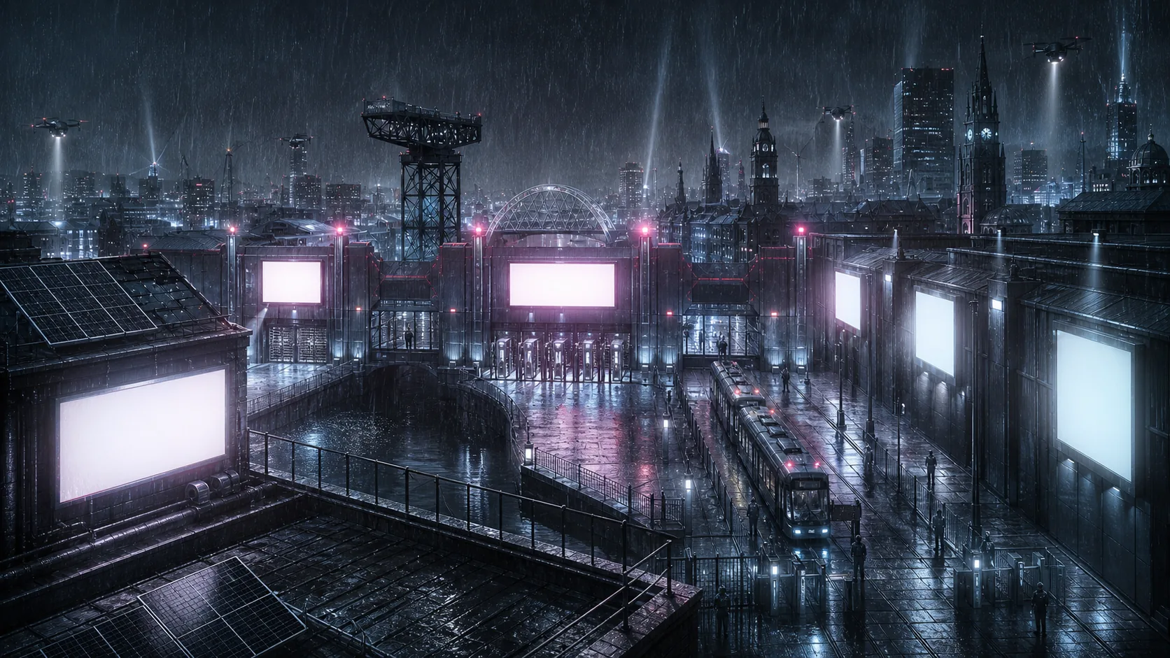 A fictional Cybertime city under corporate advertising and surveillance