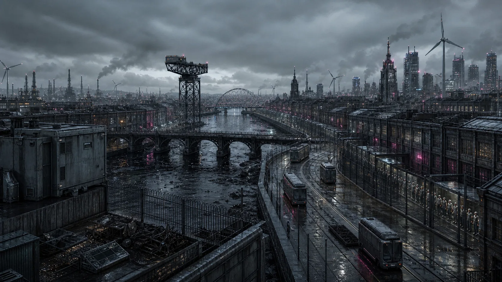 A fictional rain-soaked Cybertime street governed by planned obsolescence