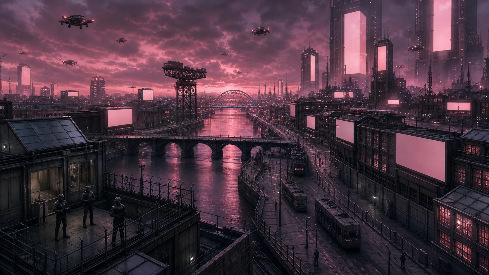 Fictional Cybertime Glasgow under aggressive corporate advertisements