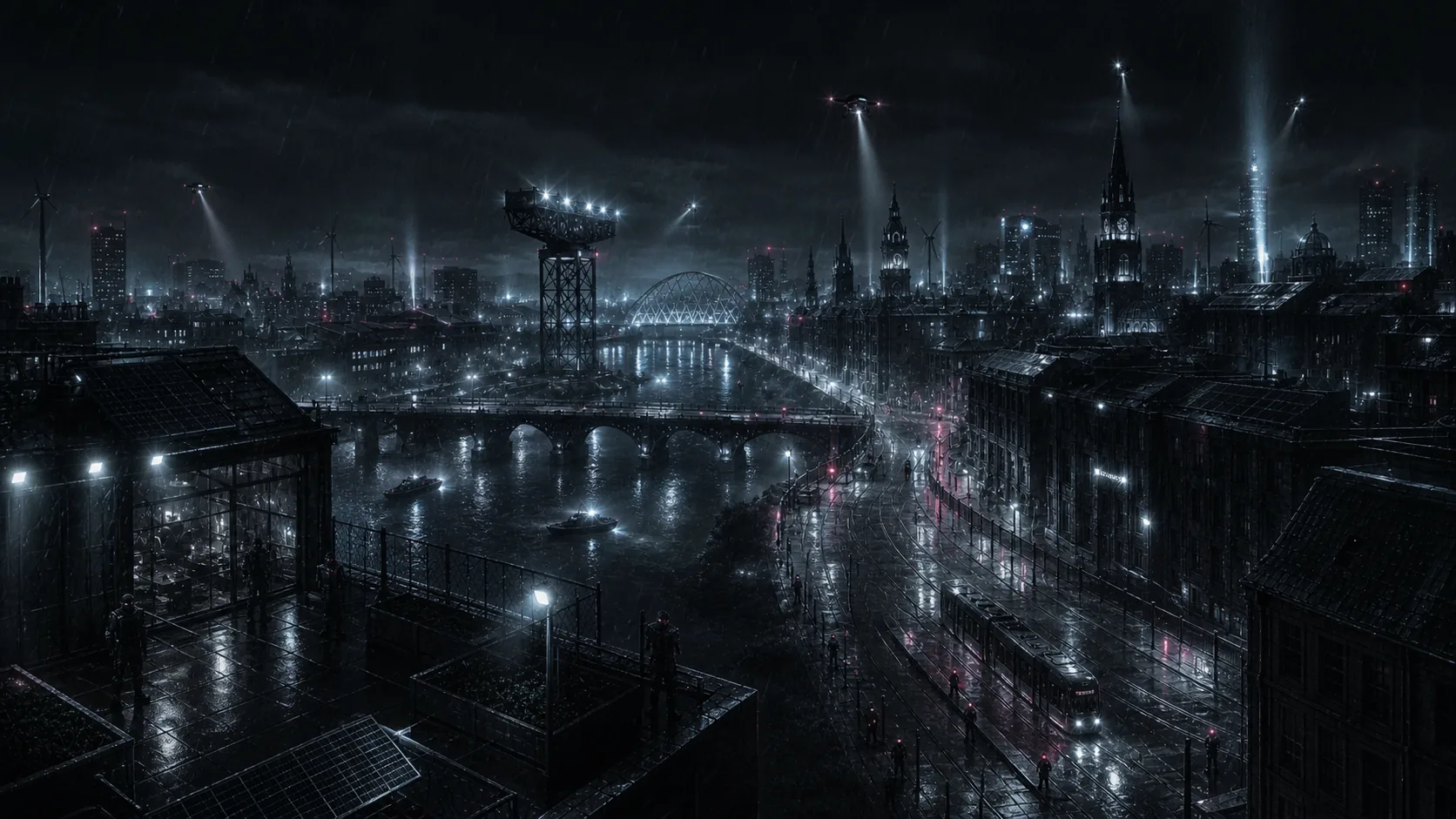 A fictional Cybertime Glasgow at night under curfew and surveillance