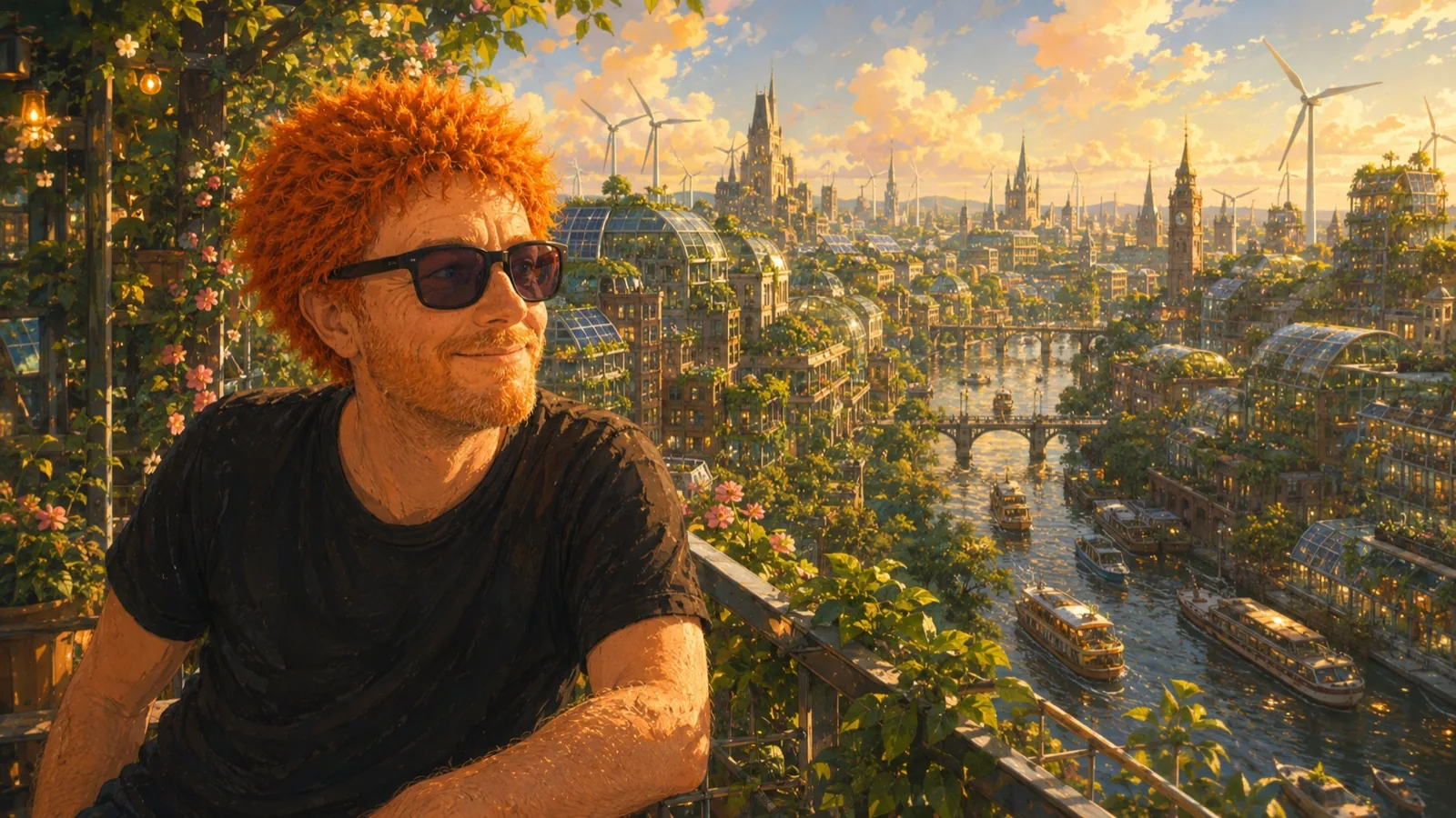 A fictional red-haired reader looking over a bright, planted future city from a balcony.