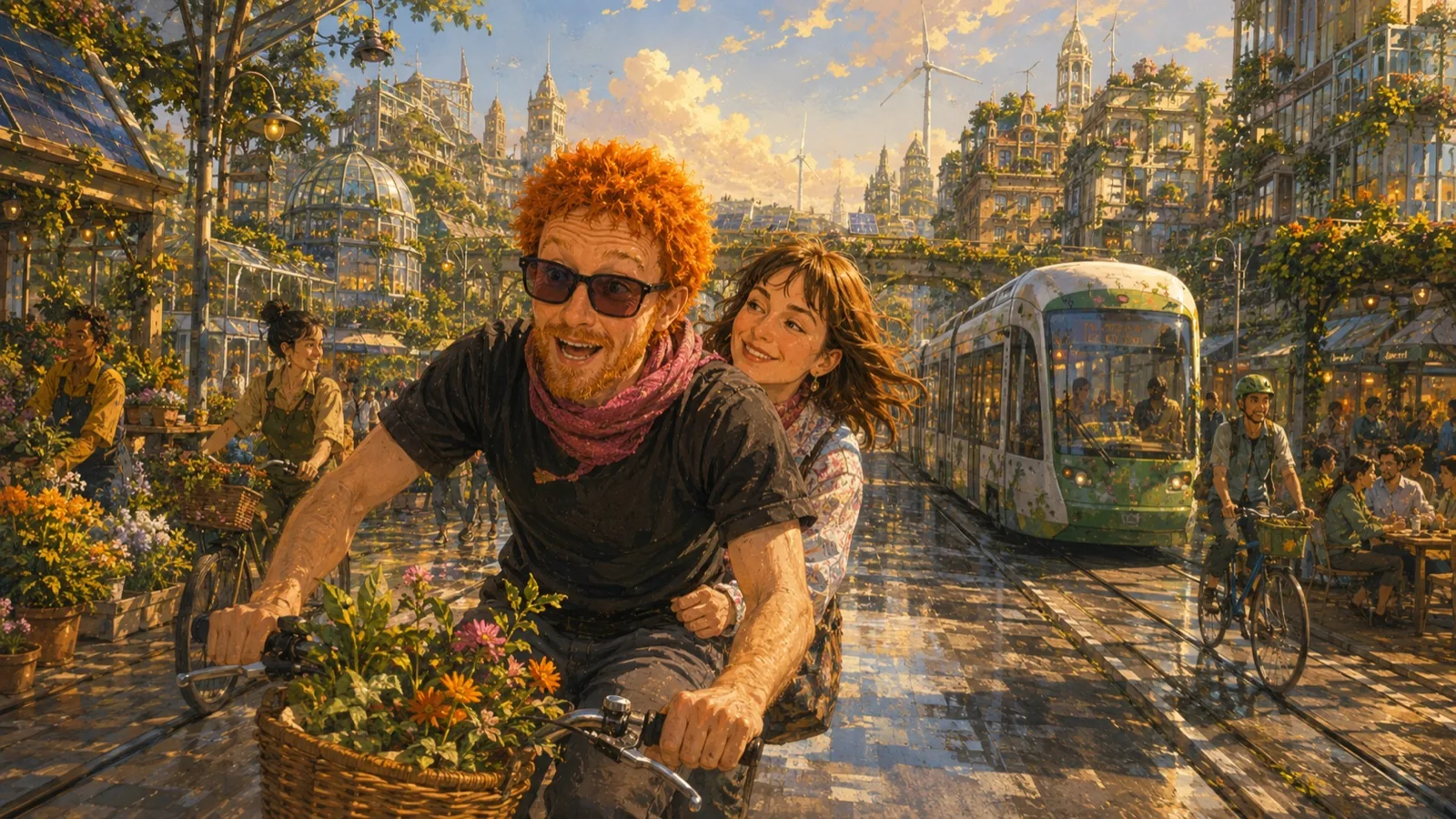A fictional cyclist travelling through a lively city with a tram, green roofs and public street life.
