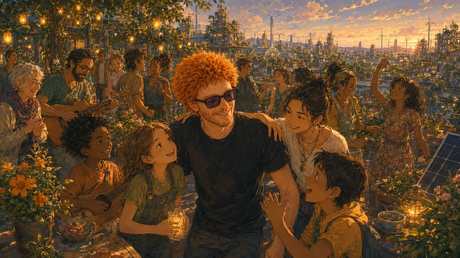 A fictional multigenerational feast with music, food and neighbours in a shared garden.