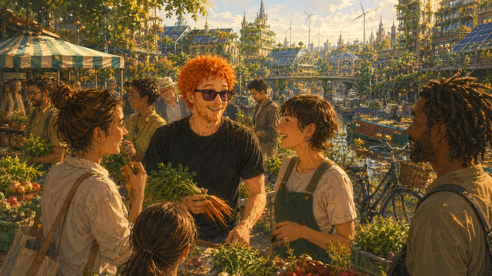 A fictional shared garden and market where neighbours gather around food, plants and small public tools.