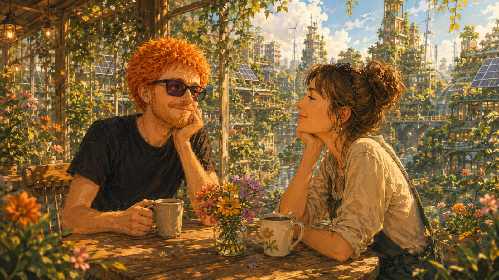 A fictional pair sharing a conversation in a warm greenhouse café in a planted city.