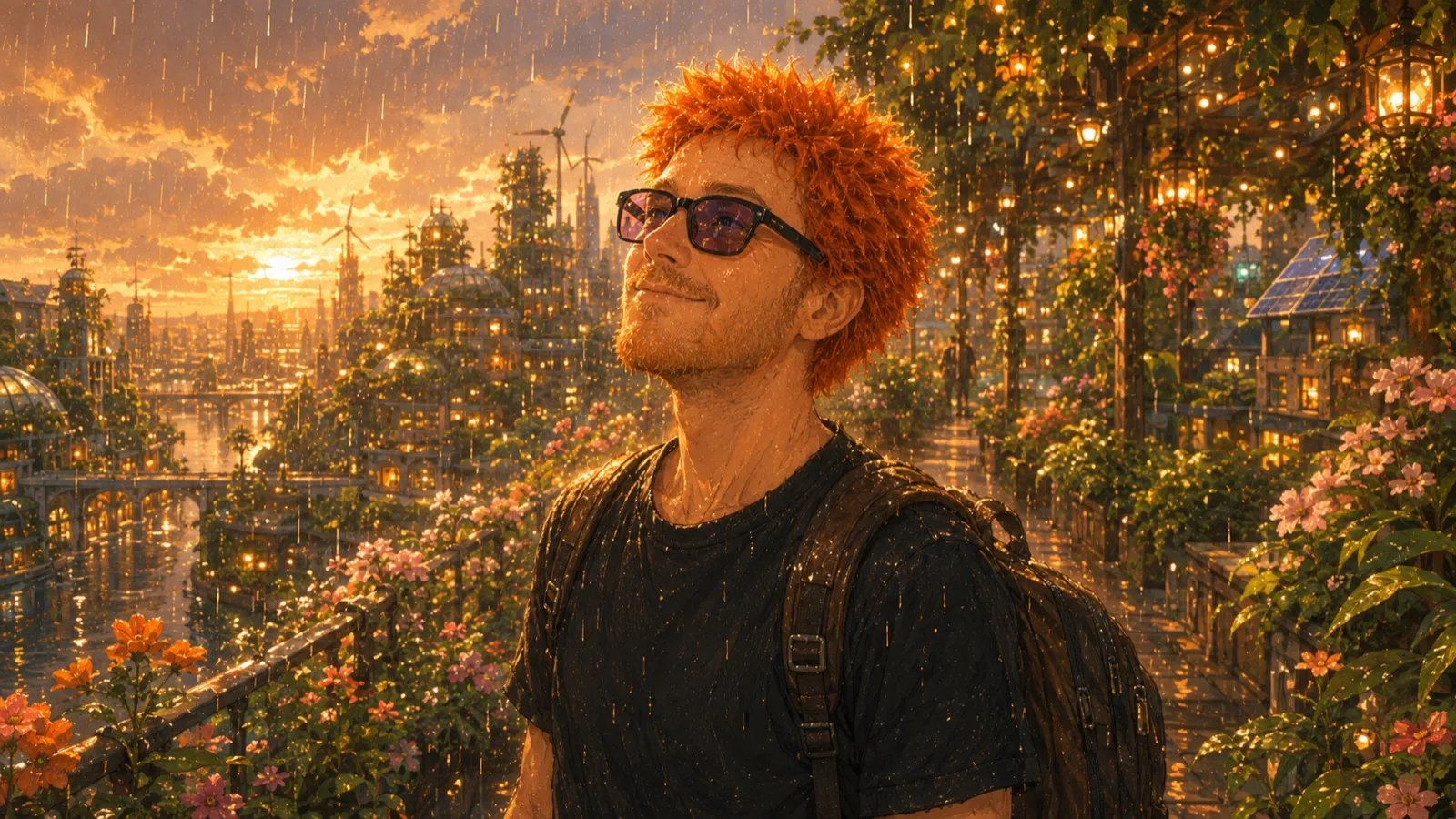 A fictional person in warm rain looking over a bright, planted future city.