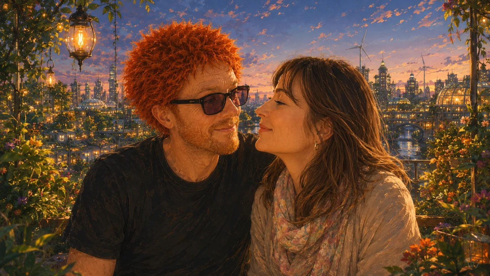 Two fictional companions sharing a quiet moment above a warm evening city.