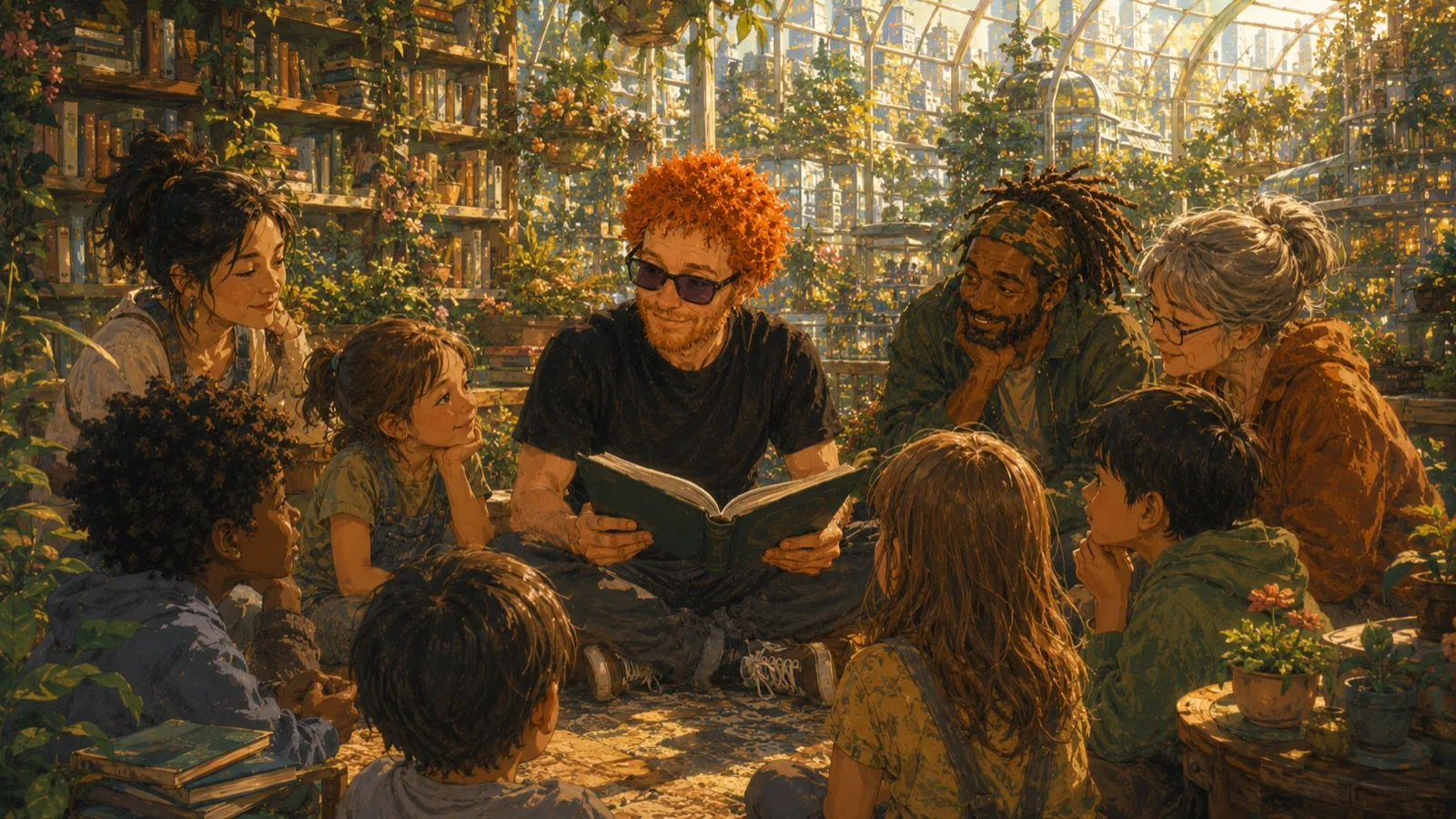 A fictional community reading circle in a sunlit greenhouse library