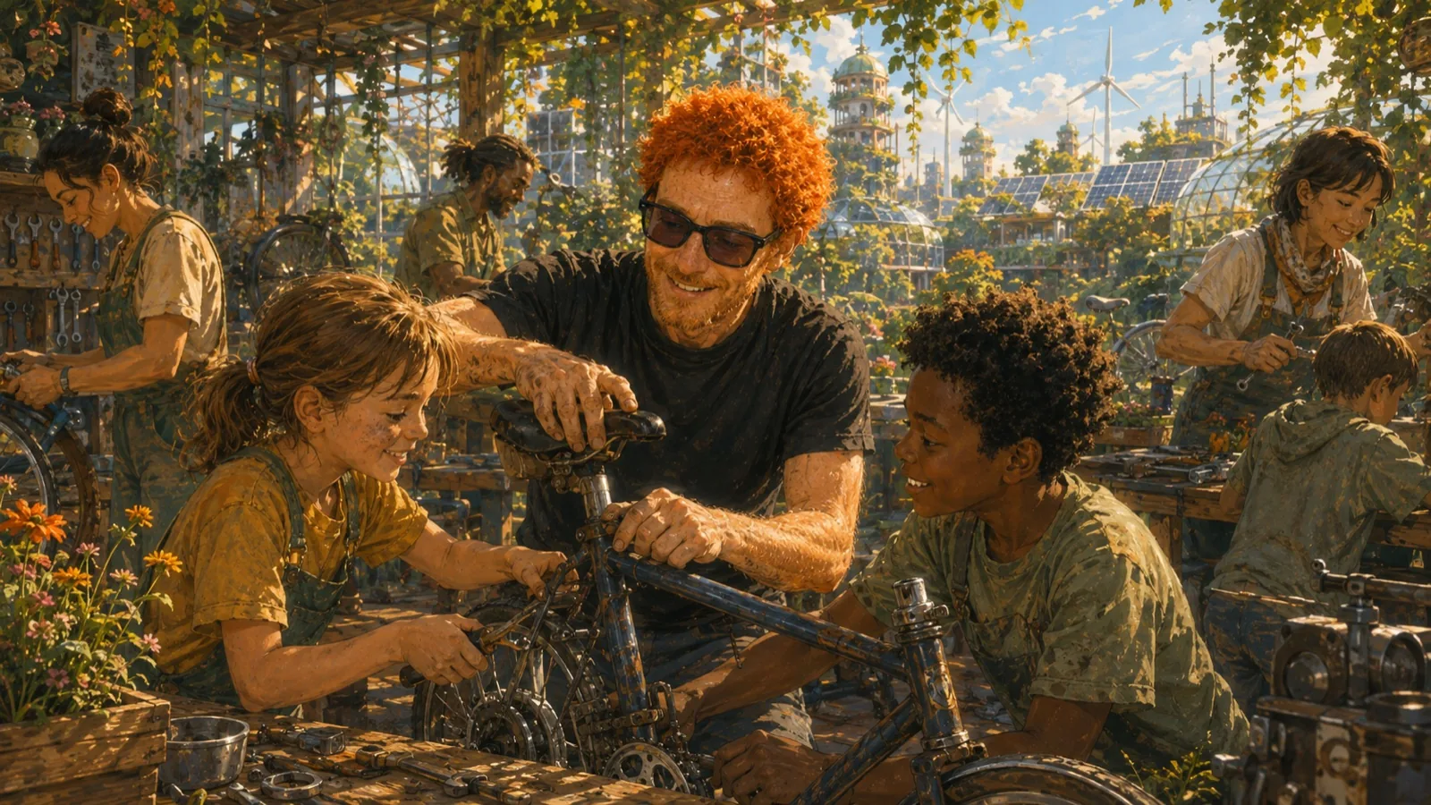 A fictional community repair workshop where adults and children fix a bicycle together