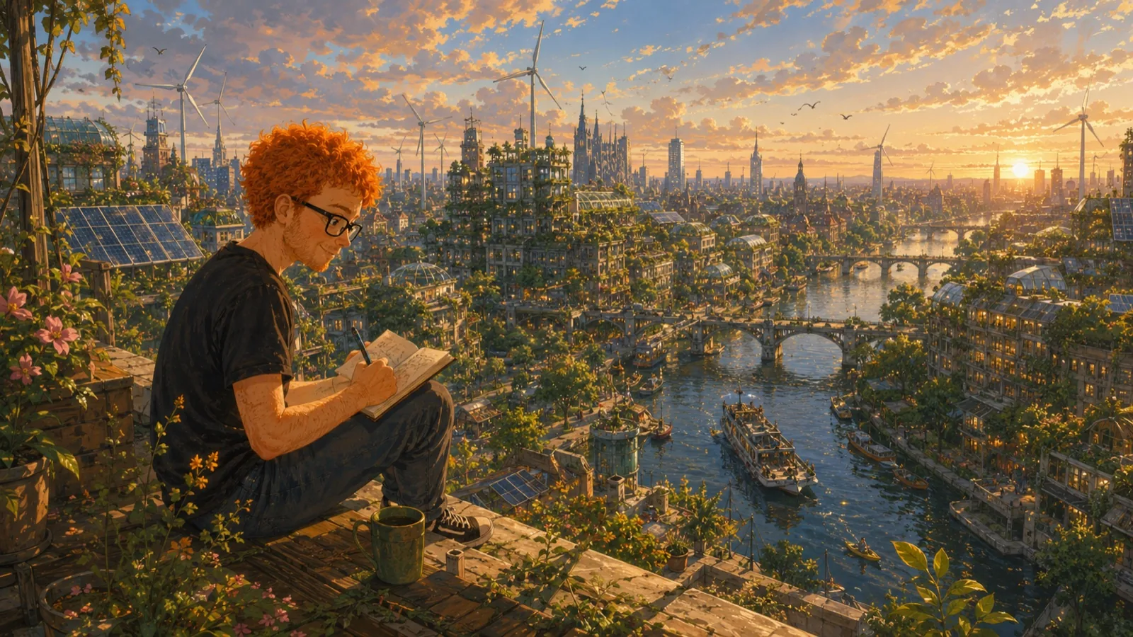 A fictional orange-haired character writing above a sunlit future city